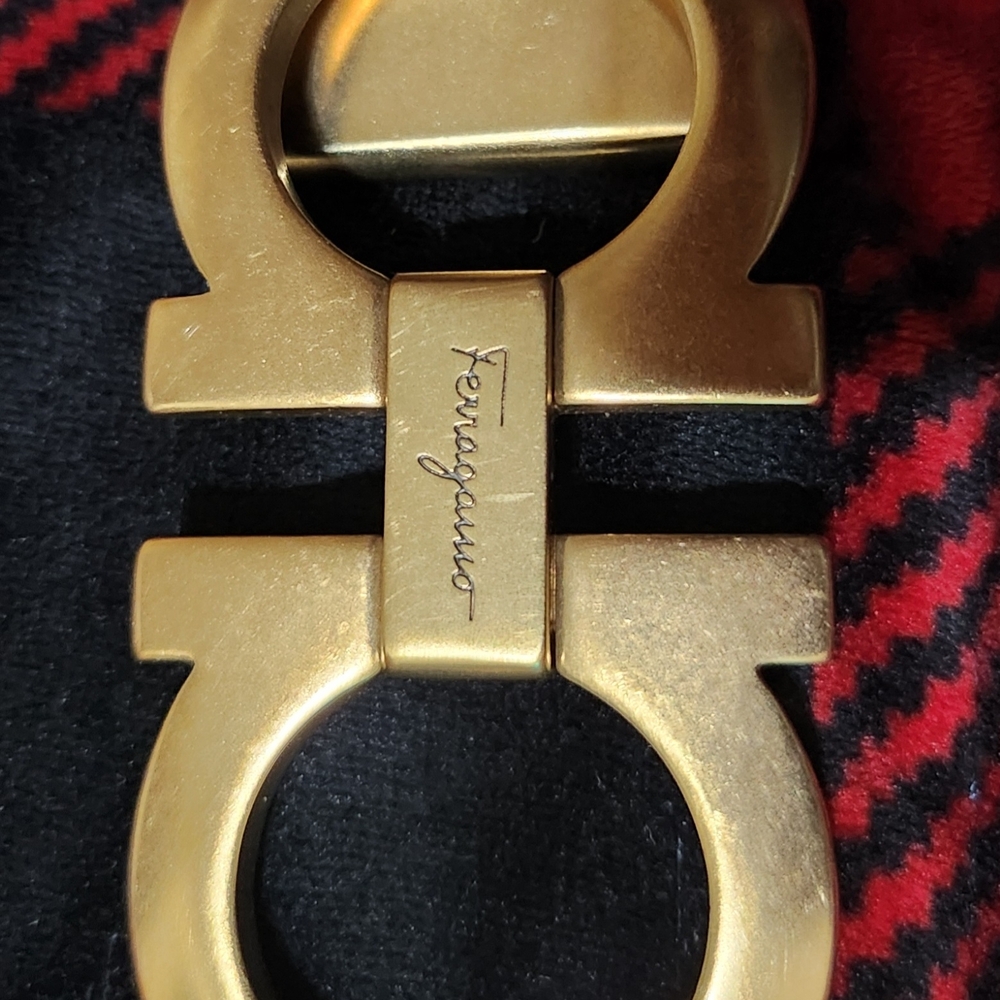 Ferragamo Gold Buckle on Black and Red Fabric Only.